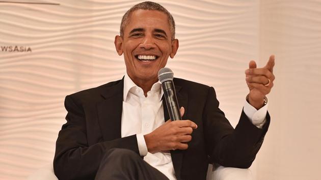 Former US president Barack Obama at the Hindustan Times Leadership Summit in New Delhi on Friday.(Sanchit Khanna / HT)