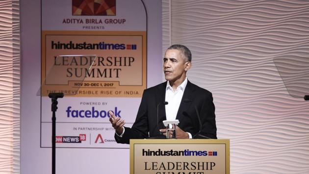 Barack Obama delivers a special address during the Hindustan Times Leadership Summit at Hyatt Regency in New Delhi.(Burhaan Kinu/HT Photo)
