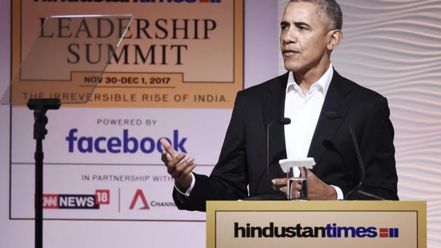 Former US president Barack Obama addresses the Hindustan Times Leadership Summit in New Delhi on Friday.(Burhaan Kinu / HT) Former US president Barack Obama addresses the Hindustan Times Leadership Summit in New Delhi on Friday.(Burhaan Kinu / HT)