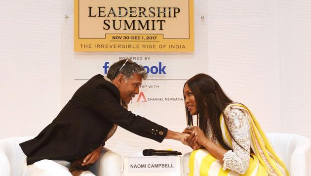I love it here. There are many strong women here, Naomi Campbell (R), supermodel, actress and social activist said in conversation with Milind Soman, supermodel, actor and social activist about her liking for India on Day 2 of the Hindustan Times Leadership Summit 2017 in New Delhi. (Vipin Kumar / HT Photo)