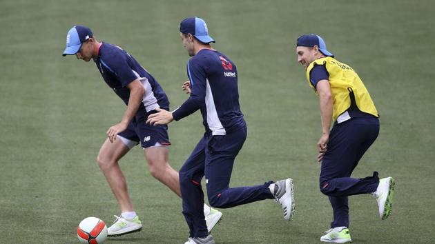England’s players participate in a football drill ahead of the Adelaide Pink Ball Test, the first time the Ashes will feature a Day-Night Test. (AP)
