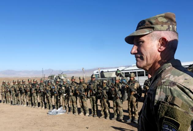 US Army General John Nicholson, commander of Resolute Support forces and US forces in Afghanistan, speaks to Afghan police special forces personnel after they took part in a military exercise in Logar province in Afghanistan on November 30, 2017. (Reuters) US Army General John Nicholson, commander of Resolute Support forces and US forces in Afghanistan, speaks to Afghan police special forces personnel after they took part in a military exercise in Logar province in Afghanistan on November 30, 2017. (Reuters)