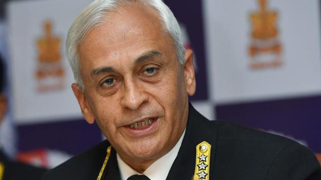 Chief of the Naval Staff Admiral Sunil Lanba at a news conference in New Delhi on Friday on the occasion of Navy Day.(PTI)