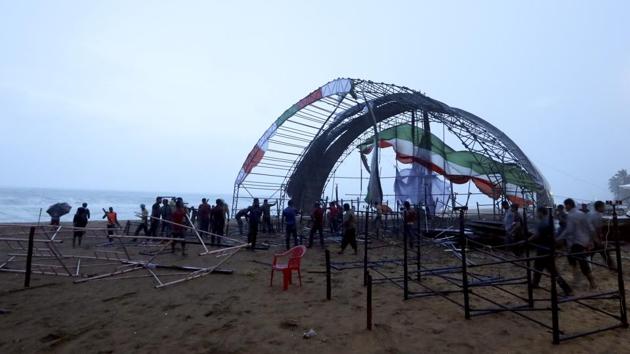Heavy rains and strong winds show damage at Shankumugham Beach, Thiruvananthapuram. The Congress has cancelled a mega rally in the state capital on Friday, which was to be inaugurated by Rahul Gandhi, in view of the inclement weather conditions. High tides swept away a major portion of the Shangumugam beach, the venue of the rally. (Vivek Nair / HT Photo) Heavy rains and strong winds show damage at Shankumugham Beach, Thiruvananthapuram. The Congress has cancelled a mega rally in the state capital on Friday, which was to be inaugurated by Rahul Gandhi, in view of the inclement weather conditions. High tides swept away a major portion of the Shangumugam beach, the venue of the rally. (Vivek Nair / HT Photo)