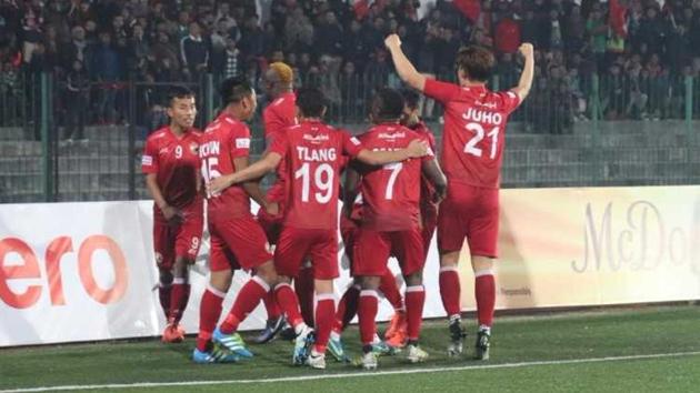 Shillong Lajong players celebrate after their win over Churchill Brothers in the I-League. (HT Photo) Shillong Lajong players celebrate after their win over Churchill Brothers in the I-League. (HT Photo)