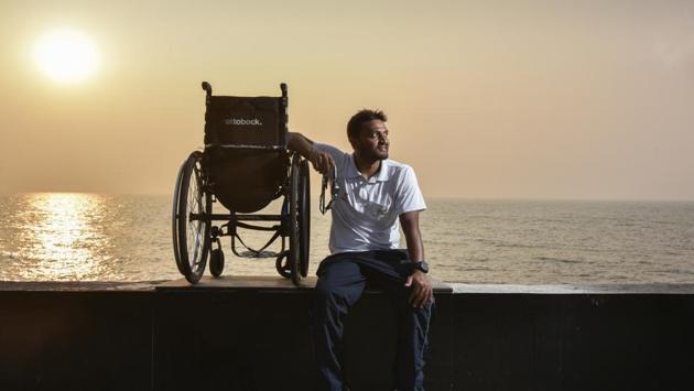Mohammad Shams Aalam (a paraplegic Indian swimmer) at Worli seaface in Mumbai. Aalam broke his previous record as he swam eight kilometres into the open sea in Goa. The beginning of his condition started as back pain, which quickly graduated to incapacitation, as doctors discovered a tumour in his spine. “It has not been an easy climb but with encouragement and support from family and friends, and a lot of struggle at my end, I achieved what I set to do,” he said. (Kunal Patil / HT Photo) 