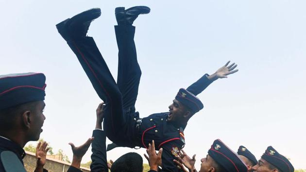 Cadets celebrate after the parade during the graduation ceremony of the 133rd course of National Defence Academy (NDA) in Pune, Maharashtra on November 30, 2017. (Pratham Gokhale / HT Photo)