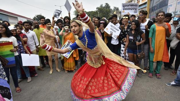 A participant in drag dances during the 10th year celebrations of Namma Pride and Karnataka Queer Habba in Bengaluru, Karnataka on November 26, 2017. (Arijit Sen / HT Photo)