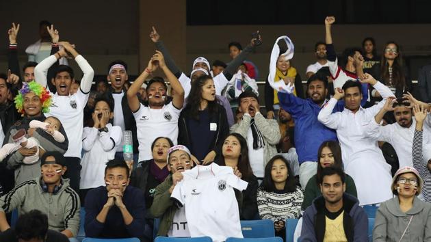 NorthEast United fans celebrate at the Jawaharlal Nehru Stadium in New Delhi.  (ISL / SPORTZPICS) 
