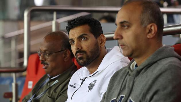 NorthEast United owner John Abraham was in attendance on what turned into a good night for his team.  (ISL / SPORTZPICS) 