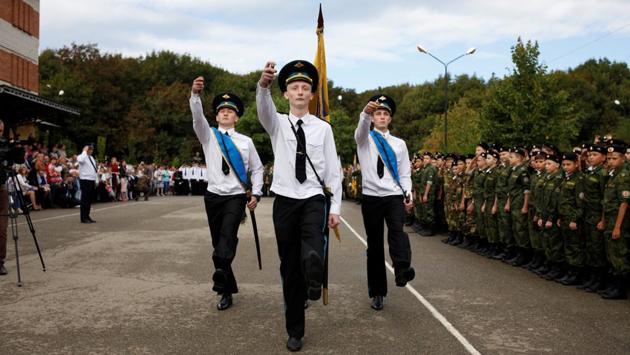 Students from the General Yermolov Cadet School march during a ceremony to mark the beginning of the school year in Stavropol. Here, interest has been revived in the Cossacks, a warrior class in tsarist times, who were portrayed as peaceful ploughmen in quiet times, but swift to repel attacks from nearby regions, such as Chechnya and Dagestan, or join Moscow’s military campaigns elsewhere. (Eduard Korniyenko / REUTERS) Students from the General Yermolov Cadet School march during a ceremony to mark the beginning of the school year in Stavropol. Here, interest has been revived in the Cossacks, a warrior class in tsarist times, who were portrayed as peaceful ploughmen in quiet times, but swift to repel attacks from nearby regions, such as Chechnya and Dagestan, or join Moscow’s military campaigns elsewhere. (Eduard Korniyenko / REUTERS)