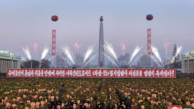 This December 1, 2017 picture released by North Korea's official Korean Central News Agency (KCNA) shows North Korean soldiers and Pyongyang residents holding a rally to celebrate the North's declaration it had achieved full nuclear statehood. (AFP Photo) This December 1, 2017 picture released by North Korea's official Korean Central News Agency (KCNA) shows North Korean soldiers and Pyongyang residents holding a rally to celebrate the North's declaration it had achieved full nuclear statehood. (AFP Photo)