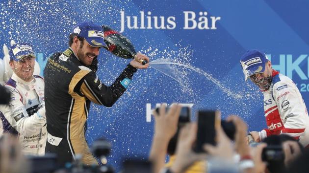 (From left) Sam Bird of DS Virgin Racing Jean-Eric Vergne of TECHEETAH and Nick Heidfeld of Mahindra Racing at the podium of Race of the Formula E Hong Kong ePrix on Saturday (AP) (From left) Sam Bird of DS Virgin Racing Jean-Eric Vergne of TECHEETAH and Nick Heidfeld of Mahindra Racing at the podium of Race of the Formula E Hong Kong ePrix on Saturday (AP)