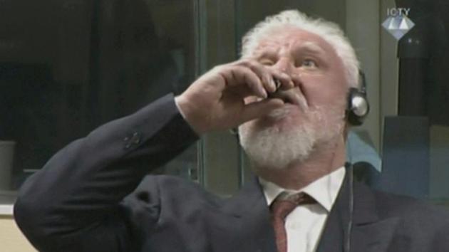 A wartime commander of Bosnian Croat forces, Slobodan Praljak, is seen during a hearing at the U.N. war crimes tribunal on November 29, 2017 in The Hague, Netherlands. Praljak drank from a vial of potassium cyanide and died after his 20-year term for war crimes in Bosnia in the 1990s had been upheld on Wednesday. (ICTY via REUTERS TV)