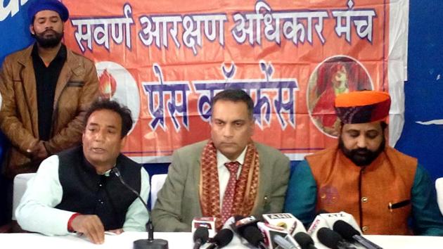 Sukhdev Singh Gogamedi (right), president, Shri Rashtriya Rajput Karni Sena addresses a press conference in Jaipur on Saturday. (HT Photo) Sukhdev Singh Gogamedi (right), president, Shri Rashtriya Rajput Karni Sena addresses a press conference in Jaipur on Saturday. (HT Photo)
