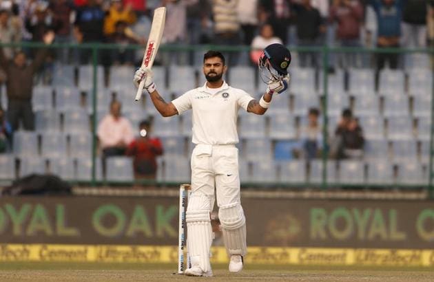 India's captain Virat Kohli celebrates after scoring a century during the first day of their third test cricket match against Sri Lanka in New Delhi on Saturday. (AP) India's captain Virat Kohli celebrates after scoring a century during the first day of their third test cricket match against Sri Lanka in New Delhi on Saturday. (AP)