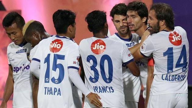 Chennaiyin FC’s Henrique Sereno celebrates after scoring against FC Pune City in the Indian Super League. (ISL / SPORTZPICS)