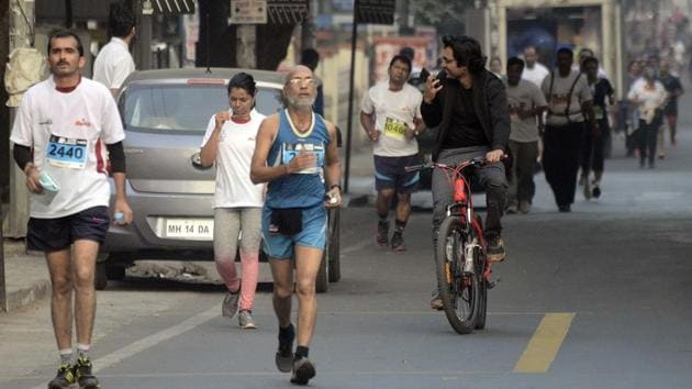 An old man took part in the marathon. The Pune Municipal Corporation distanced itself from the event and mayor Mukta Tilak was not present for the marathon. (Ravindra Joshi/HT PHOTO)
