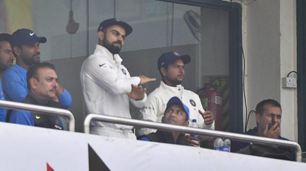 Virat Kohli declares after Sri Lanka ran out of substitute fielders. (PTI) Virat Kohli declares after Sri Lanka ran out of substitute fielders. (PTI)