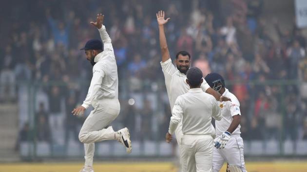Mohammed Shamistruck off the first ball as he dismissedSri Lanka's Dimuth Karunaratne. (PTI) Mohammed Shamistruck off the first ball as he dismissedSri Lanka's Dimuth Karunaratne. (PTI)
