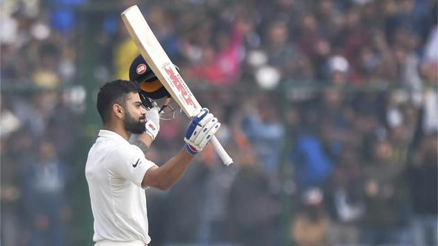 Kohli acknowledges the crowd as he celebrates his sixth double century. (PTI) Kohli acknowledges the crowd as he celebrates his sixth double century. (PTI)