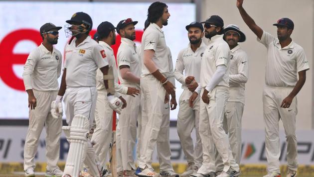 Indian bowlers picked up three Sri Lankan wickets on Day 2 of the third Test in New Delhi on Sunday. Get full cricket score of India vs Sri Lanka, third Test, Day 2 here.(AP)