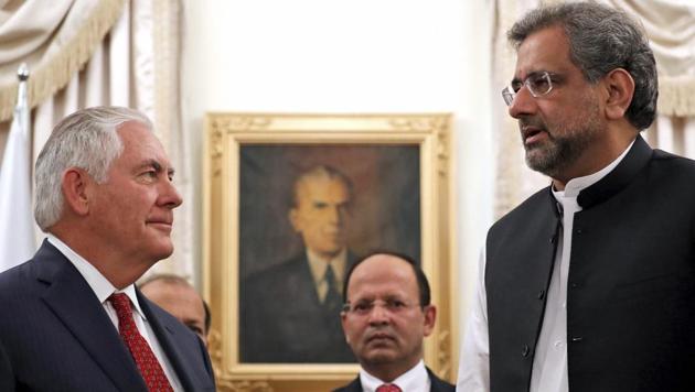 US Secretary of State Rex Tillerson, right, is greeted by Pakistani Prime Minister Shahid Khan Abbasi, before their meeting at the Prime Minister's residence, on Oct. 24, 2017, in Islamabad, Pakistan. (AP) US Secretary of State Rex Tillerson, right, is greeted by Pakistani Prime Minister Shahid Khan Abbasi, before their meeting at the Prime Minister's residence, on Oct. 24, 2017, in Islamabad, Pakistan. (AP)