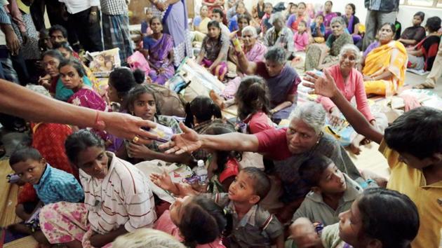 Displaced people receive essential supplies at a relief camp in the Kanyakumari district, Kerala on Saturday. The scale of the cyclone was reduced from ‘very severe’ on Sunday to ‘severe’, the weather department said. It has warned fisherman along the Maharashtra, Goa and Karnataka coastline not to venture into the sea from Monday to Wednesday. (PTI) Displaced people receive essential supplies at a relief camp in the Kanyakumari district, Kerala on Saturday. The scale of the cyclone was reduced from ‘very severe’ on Sunday to ‘severe’, the weather department said. It has warned fisherman along the Maharashtra, Goa and Karnataka coastline not to venture into the sea from Monday to Wednesday. (PTI)
