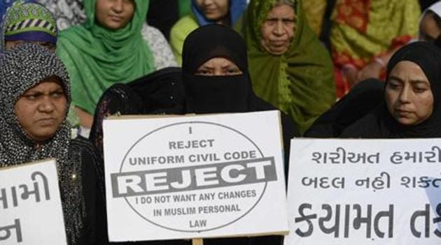 This file photo shows Muslim women at a rally to oppose the Uniform Civil Code that would outlaw the practice of ”triple talaq”.(AFP File Photo) This file photo shows Muslim women at a rally to oppose the Uniform Civil Code that would outlaw the practice of ”triple talaq”.(AFP File Photo)