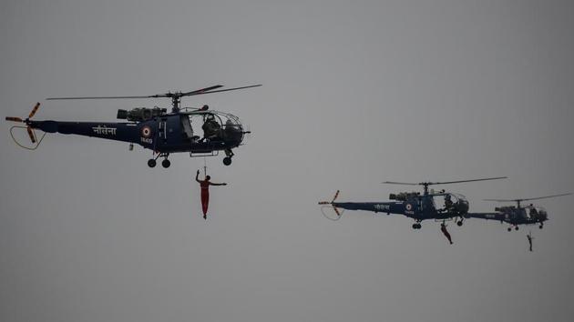 Indian Navy personnel performing operations over the Arabian sea. (Kunal Patil/HT PHOTO) 