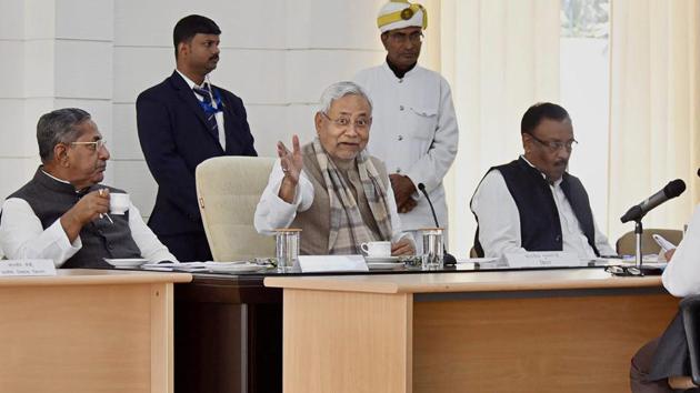 Bihar chief minister Nitish Kumar addresses a press conference at his official residence in Patna on Monday.(PTI)