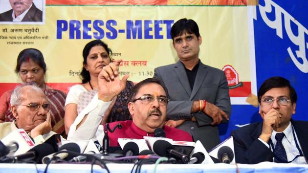 Minister Arun Chaturvedi addresses a press conference in Jaipur on Monday. (Prabhakar Sharma/HT) Minister Arun Chaturvedi addresses a press conference in Jaipur on Monday. (Prabhakar Sharma/HT)