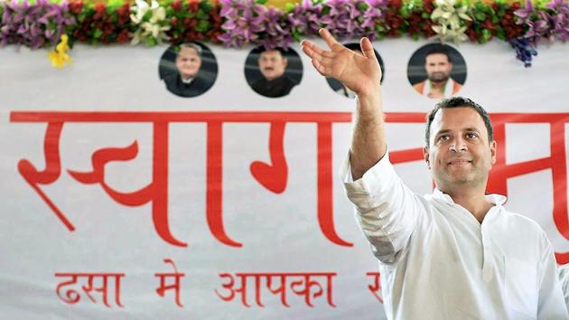 Dhasa: Congress vice president Rahul Gandhi waves to supporters during his election rally in Dhasa, Gujarat on Thursday. PTI Photo (PTI11_30_2017_000081B) (PTI) Dhasa: Congress vice president Rahul Gandhi waves to supporters during his election rally in Dhasa, Gujarat on Thursday. PTI Photo (PTI11_30_2017_000081B) (PTI)