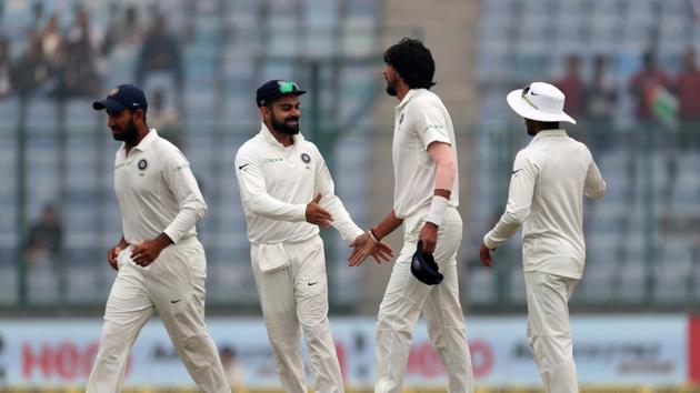 Ishant Sharma sent back Dinesh Chandimal for 164 as Sri Lanka were bowled out for 373, giving India a lead of 163 runs.  (BCCI) 
