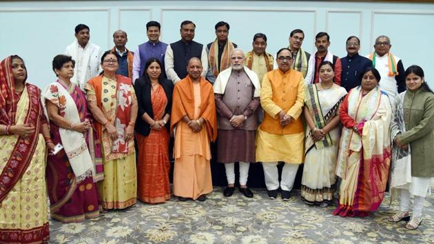 PM Modi interacts with newly-elected BJP mayors in Uttar Pradesh. (Twitter/Narendra Modi) PM Modi interacts with newly-elected BJP mayors in Uttar Pradesh. (Twitter/Narendra Modi)