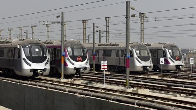 Delhi Metro Trains parked at the DMRC’s one and half kilometer elevated train stabling yard at Jasola Vihar in New Delhi, India, on October 17, 2017. (HT File Photo) Delhi Metro Trains parked at the DMRC’s one and half kilometer elevated train stabling yard at Jasola Vihar in New Delhi, India, on October 17, 2017. (HT File Photo)