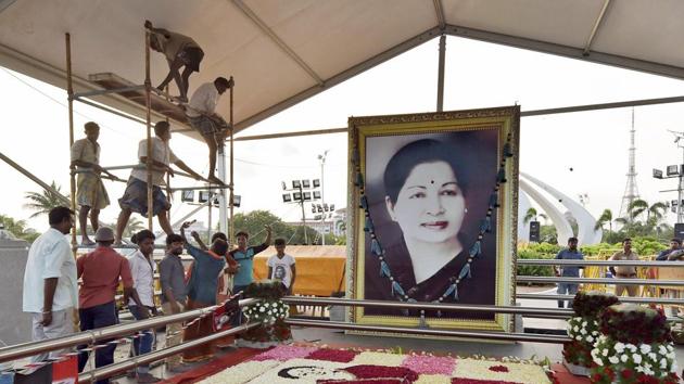 Preparations in full swing for Tamil Nadu chief minister J Jayalalithaa’s first death anniversary.(PTI) Preparations in full swing for Tamil Nadu chief minister J Jayalalithaa’s first death anniversary.(PTI)