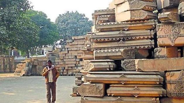 File photo of arrival of stones from Rajasthan at the disputed Ram Janmabhumi-Babri Masjid site.