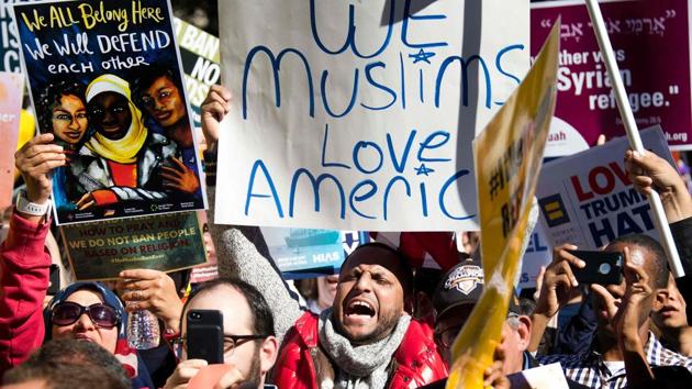 This file photo taken on October 18, 2017 shows demonstrators chanting during a #NoMuslimBanEver rally and march "to protest discriminatory policies that unlawfully target and hurt American Muslim and immigrant communities across the country" in Washington, DC. (AFP) This file photo taken on October 18, 2017 shows demonstrators chanting during a #NoMuslimBanEver rally and march "to protest discriminatory policies that unlawfully target and hurt American Muslim and immigrant communities across the country" in Washington, DC. (AFP)