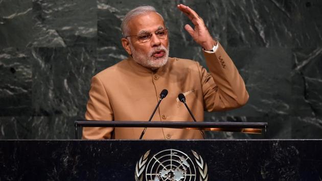 Prime Minister Narendra Modi speaks at the United Nations Sustainable Development Summit to the at the United Nations General Assembly in New York September 25, 2015. (AFP File Photo) Prime Minister Narendra Modi speaks at the United Nations Sustainable Development Summit to the at the United Nations General Assembly in New York September 25, 2015. (AFP File Photo)