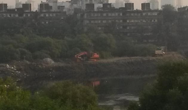 Debris being dumped at mangroves near Mahim creek (HT photo) Debris being dumped at mangroves near Mahim creek (HT photo)