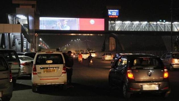 The Lucknow Municipal Corporation (LMC) appears to have taken the lead in violating the road safety code as it allowed setting up of LCD screens on both sides of Lohia Path in Lucknow. (HT Photo) The Lucknow Municipal Corporation (LMC) appears to have taken the lead in violating the road safety code as it allowed setting up of LCD screens on both sides of Lohia Path in Lucknow. (HT Photo)