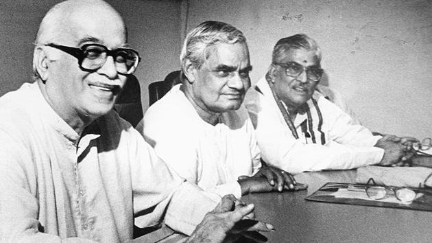 (L to R) BJP leaders LK Advani, AB Vajpayee and Murli Manohar Joshi seen at a party National Executive Committee meeting. BJP president Lal Krishna Advani in 1990 went on a Somnath-to-Ayodhya Rath Yatra to ‘educate people’ about the movement to build a temple at the disputed site. In 1991, BJP became the country’s primary opposition party and came to power in Uttar Pradesh. The momentum for the temple movement increased as kar sevaks (volunteers) poured into Ayodhya. (HT Photo) 