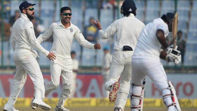 Ravindra Jadeja celebrates after the dismissal of Sri Lanka batsman Angelo Mathews during the fifth day of the third Test between India and Sri Lanka at the Feroz Shah Kotla in New Delhi on December 6, 2017.(AFP)