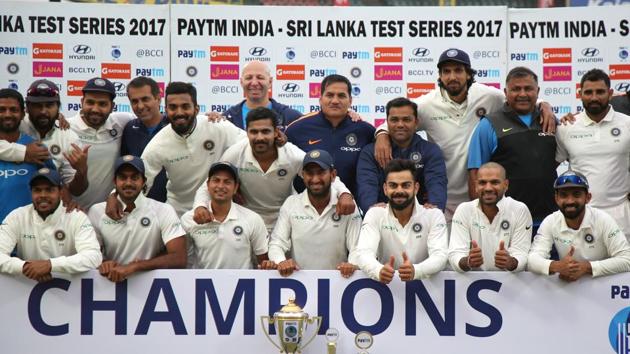 India after wining the three-Test series against Sri Lanka 1-0 at the Feroz Shah Kotla Stadium in New Delhi on Tuesday. (BCCI)