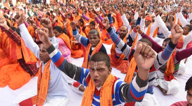 VHP members mark the 25th anniversary of the Babri Masjid demolition in Ayodhya on Wednesday. (Deepak Gupta/HT Photo) VHP members mark the 25th anniversary of the Babri Masjid demolition in Ayodhya on Wednesday. (Deepak Gupta/HT Photo)