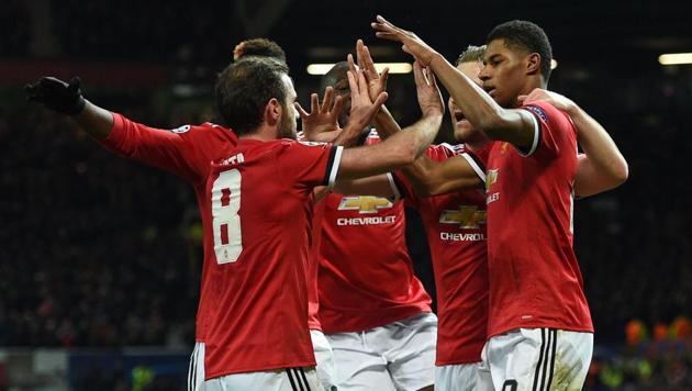 Manchester United's Marcus Rashford (R) celebrates after scoring their second goal during the UEFA Champions League Group A match against CSKA Moscow at Old Trafford in Manchester. (AFP) Manchester United's Marcus Rashford (R) celebrates after scoring their second goal during the UEFA Champions League Group A match against CSKA Moscow at Old Trafford in Manchester. (AFP)