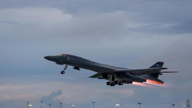 A US Air Force B-1B Lancer assigned to the 37th Expeditionary Bomb Squadron, takes-off to fly a bilateral mission with Japanese and South Korea Air Force jets in the vicinity of the Sea of Japan.(Reuters File)