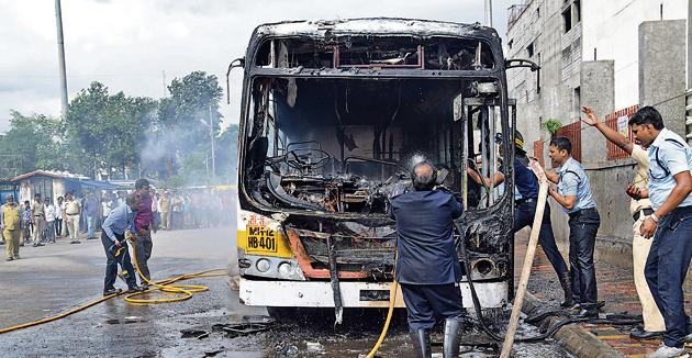 On December 6, two PMPML buses caught fire, one each in Pimpri and near the regional transport office (RTO) area.(HT Photo)