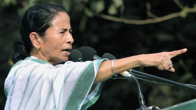West Bengal chief minister and Trinamool Congress supremo Mamata Banerjee speaks during 'Sanhati Diwas', an event organised for peace and harmony, in Kolkata on Wednesday.(PTI Photo)